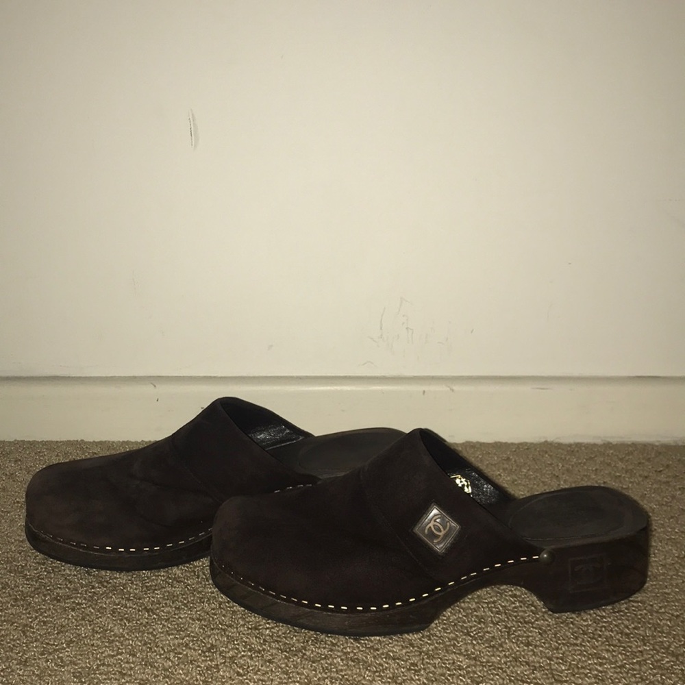 Brown suede clogs